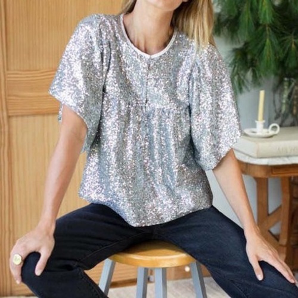 Emerson Fry Marion Top in Silver Sequin Yoked Flutter Sleeve - XSmall‎